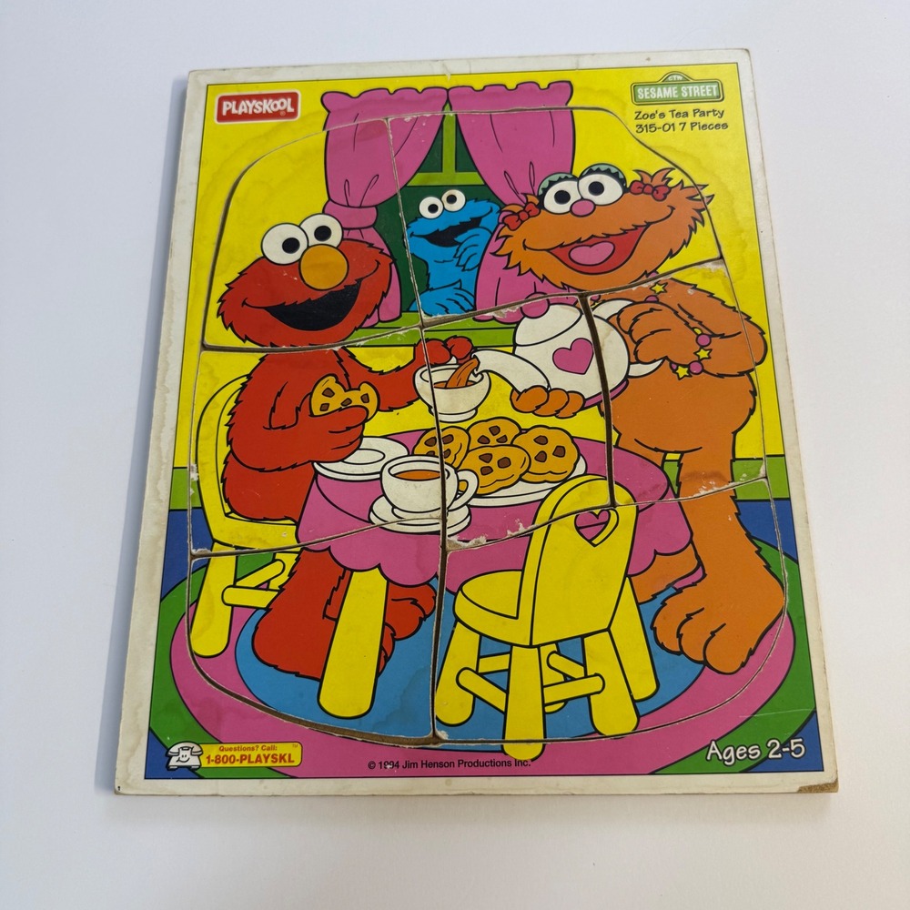 Vintage 90s 1994 Playskool Sesame Street Zoe's Tea Party Wooden Tray Puzzle Elmo
